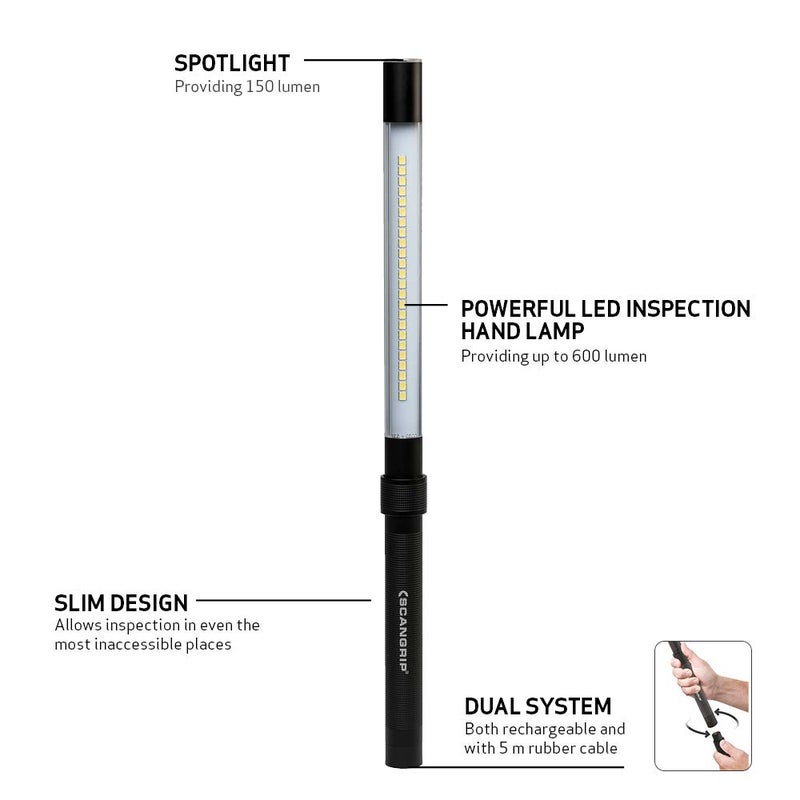 SCANGRIP LINE LIGHT C+R, Rechargeable Inspection LED Work Light with Top Spotlight, 600 Lumen, Removeable Cord, Handheld, Slim Design, Waterproof (IP65), Sturdy, Up to 8 Hour Operating Time - Image 2